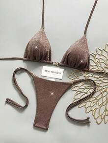 Swim Vcay Women's Solid Color Shiny Fabric Spaghetti Strap Metal Decor Beach Vacation Bikini Set - Brown - View 2