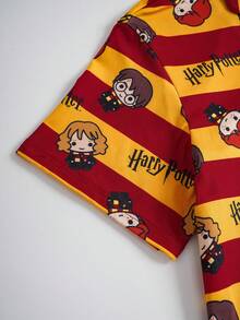 HARRY POTTER X SHEIN Conjunto de pijama con parte superior de manga corta con botones y estampado de bloques de color y rayas, y pantalones cortos para niño preadolescente - Amarillo - Ver 5