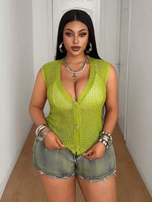 Maweii Plus Size Women's Knitwear, Brown V-Neck Sweater Vest, Metal Big Button Hollow Out Cardigan, Summer Casual Everyday Minimalist Knit Vest Gym - Green - View 5