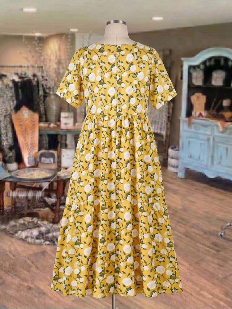 Plus Size Women's Summer Yellow Boho Plaid Round Neck Short Sleeve Loose Cute Doll Dress With Pockets,Vacation Holiday Beach Festival Outfit