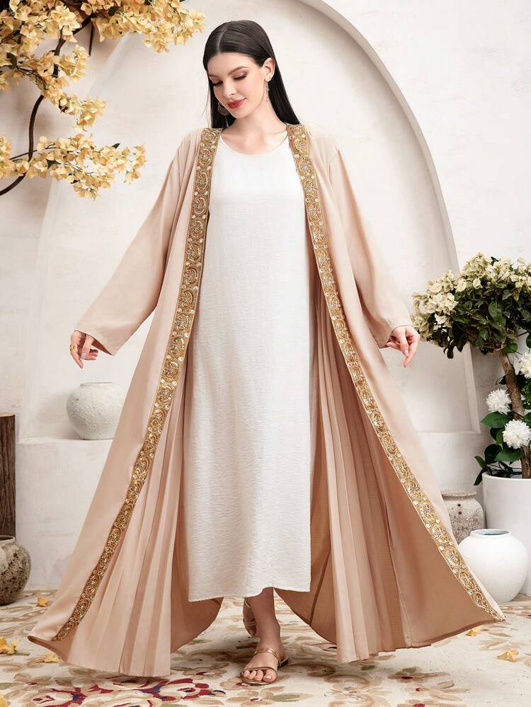 Women's Patchwork Woven Belt Drop Shoulder Long Sleeve Arabian Abaya, Muslim Fashion Abaya For Casual/Festival/Gathering/Travel