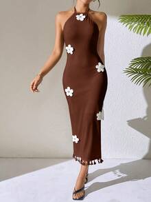 RosyDaze Floral Print Bodycon Dress - Coffee Brown - View 3