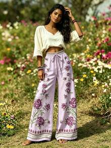 EMERY ROSE Plus Size Women's Bohemian Style Casual Floral Print Wide Leg Pants Fall - Multicolor - View 4