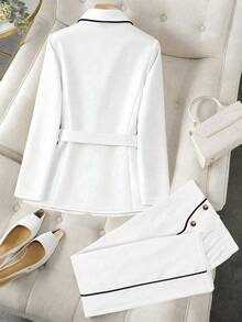 GlowEve CURVE Plus Size Women Patchwork Elegant Blazer + Straight Leg Pants, Commuter Outfit - Black and White - View 2