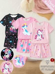 3pcs/Set Random Young Girls Cartoon Unicorn Print Tight Fit Short Sleeve Shorts Pajama Sets, Glow-In-The-Dark Under UV Light, Spring/Summer - Multicolor - View 1