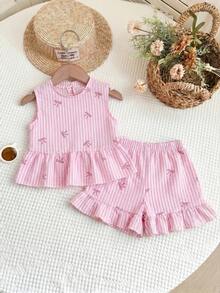 LMoss Kids 2pcs Baby Girl Knitted Solid Color Round Neck Ruffle Trim Vest And Shorts Set - Multicolor - View 2