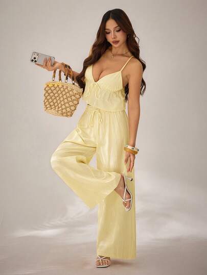 SHEIN PETITE Pale Yellow Woven Striped Casual Vacation 2 Pieces Set For Women, Spring/Summer
