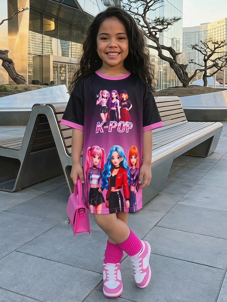SHEIN Cartoon Character Print Round Neck Short Sleeve Dress For Young Girl - Purple - View 1