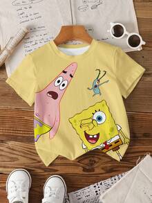 SpongeBob SquarePants | SHEIN 小男孩圓領短袖可愛卡通印花夏季T恤，全身印花 - 白色 - 查看 3