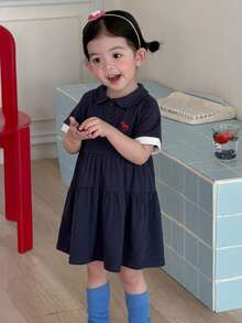 DAZY 女嬰圓領休閒寬鬆拼色條紋洋裝 夏季幼兒 - 藍色 - 查看 7
