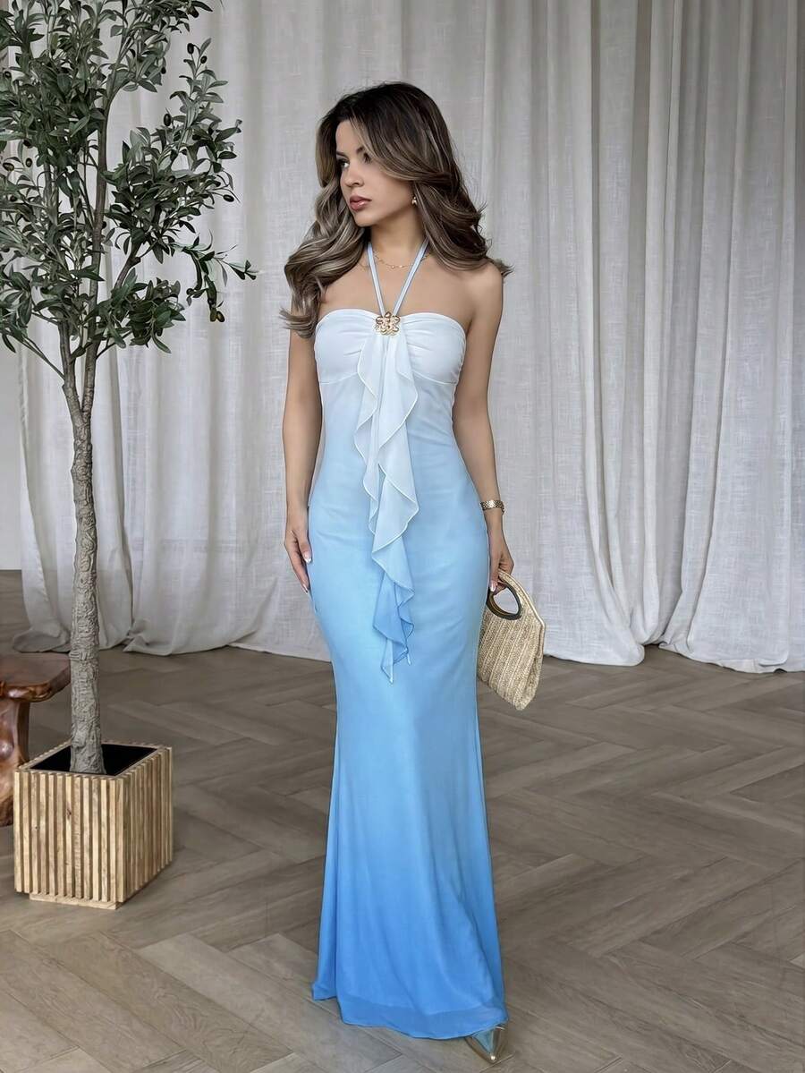 Jemour Women's Vacation Knitted Mesh Ombre Romantic Fitted Halter Tie-Up Metal Buckle Decor Fishtail Dress, Suitable For Party, Date, Afternoon Tea, Sexy & Elegant,Summer Dresses For Women - Baby Blue - View 1