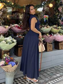 NegzBox Light Yellow 2 Pieces Set: Stand Collar Top & Fitted Skirt Summer - Navy Blue - View 6
