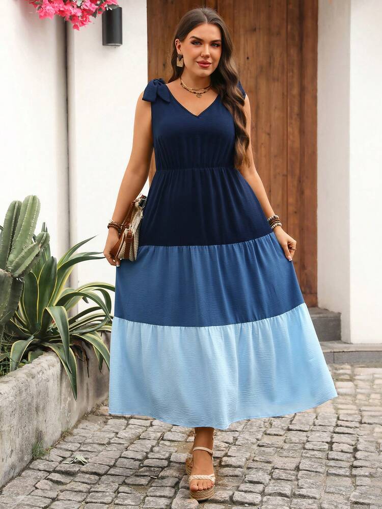 Plus Size Women Summer Casual Vacation Country V-Neck Sleeveless Long Blue Contrast Color Dress,Country Concert Outfit,Festival Outfits For Women,Festa Junina,Flowy Dress,Boho Dress