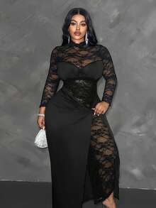 Maweii Plus Size Women Elegant Lace Patchwork Twist Front Solid Knit Long Sleeve Dress Maxi Women Outfit Fall Cloth For Women - Black - View 6