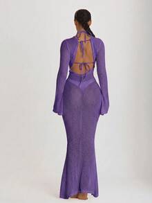 Musera Resort Maxi Scoop Back Knit Cover Up Dress Swim Vacation Holiday Summer Travel Beachwear Basics Solid Colour Resort Core - Purple - View 2