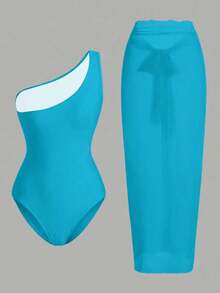 Swim Oasis One-Piece Swimsuit With Solid Color Ruched Mesh Panel And Sarong Skirt - Blue - View 2
