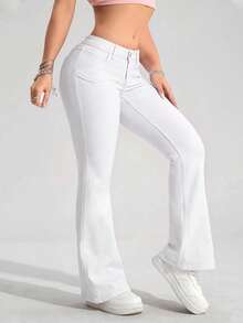 SHEIN PETITE Quần jeans ống loe cạp thấp trơn, thời trang, năng động, đa năng - trắng - Xem 5