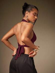 Hauture Women's Sexy Basic Casual Front Metal Closure Detail Going Out Halter Top - Burgundy - View 2