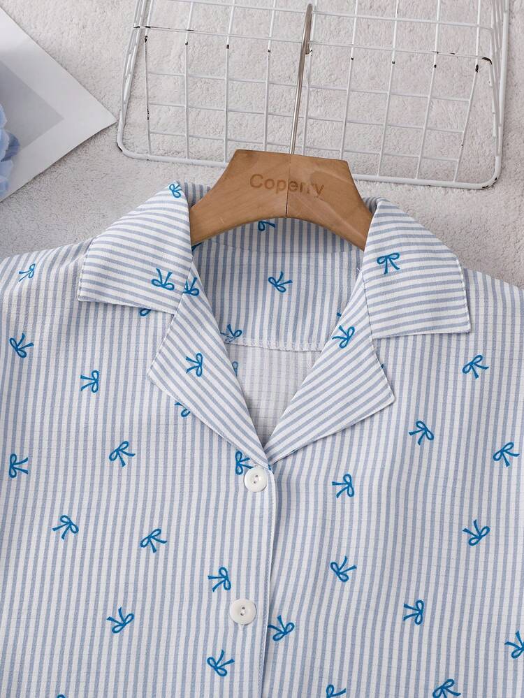 2pcs/Set Ruffle Trim Short Sleeve Top And Shorts Pajama Set For Young Girls, Suitable For Home, Leisure And Study Wear - Teal Blue - View 7