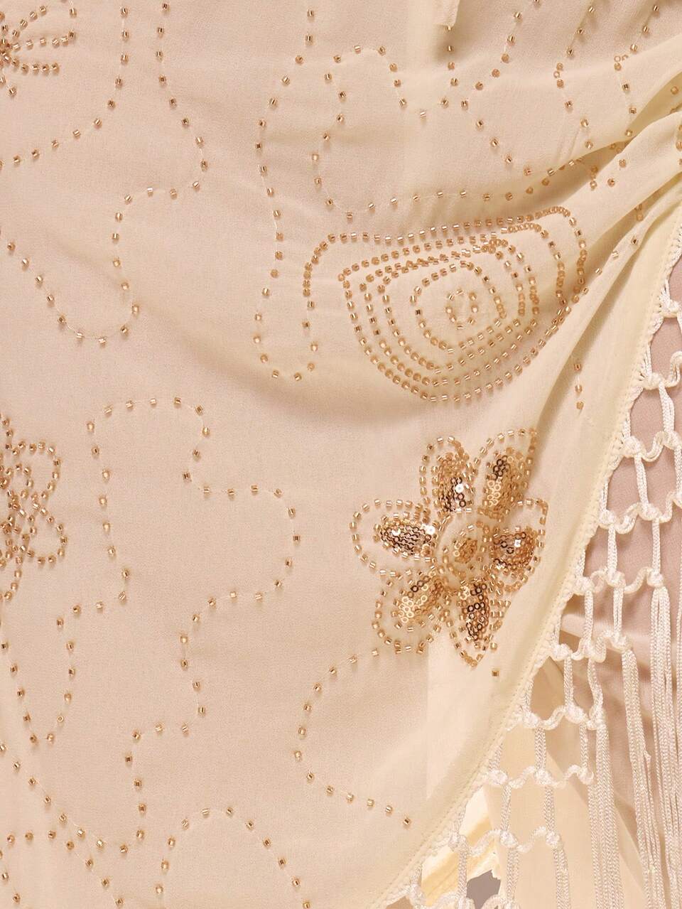 Gonna a Vita Bassa Crema in Mesh con Paillettes e Frange a Strati