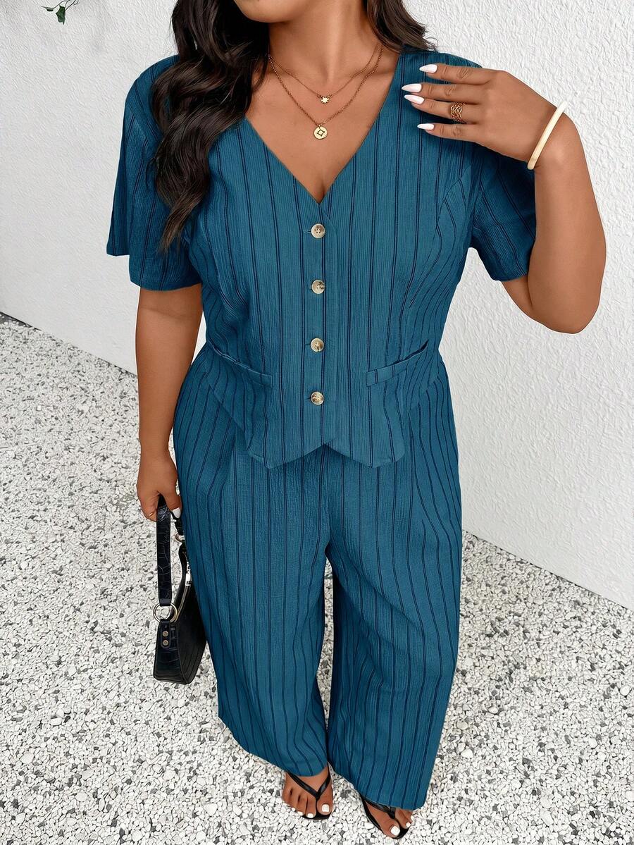 SHEIN Frenchy Plus Size Spring/Summer Casual Minimalist Versatile Striped 2 Pieces Suit Set, Women Blazer + Pants In Fall/Winter