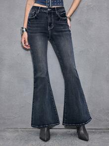 ROMWE Y2K Sexy Punk Style Vintage Low Waist Super Short Zipper Rivet Pocket Embroidery Women Denim Jeans, Spring/Summer Swimming Pastal - Medium Wash - View 2