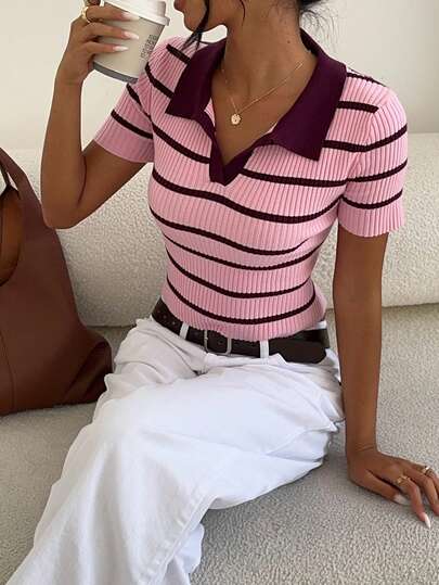 Aloruh Elegante roze gebreide polo voor dames met contrasterende strepen, casual kleding voor woon-werkverkeer en kantoor.