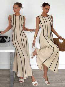 Siren Gaze New Summer Sleeveless Linen Maxi Dress With Beige Detail Slimming Fit - Versatile Style For Bohemian Elegant Beach Vacation Or Daily Commuting - Apricot - View 7