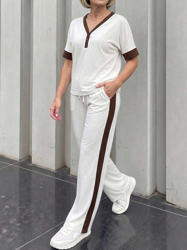 Middle-Aged Elderly Women's Contrast Color V-Neck Short Sleeve Top And Pants Set White Summer Casual Tracksuit Set For Women Two Piece Set For Women Summer Co-Ord Set Matching Sets For Women Summer Sets Casual Sets For Women Outfit Sets For Women