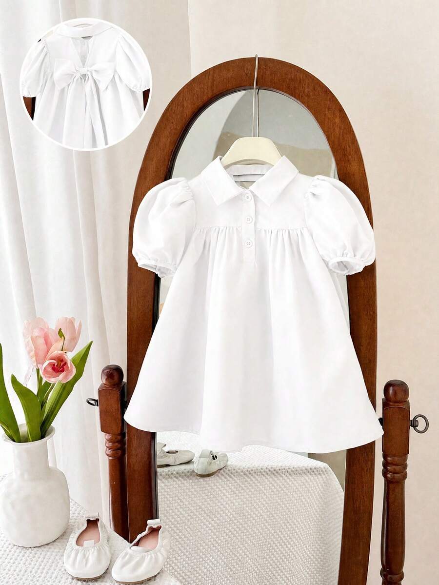 SHEIN LMoss Kids 女婴可爱短袖翻领连衣裙,夏季 - 白色 - 查看 1