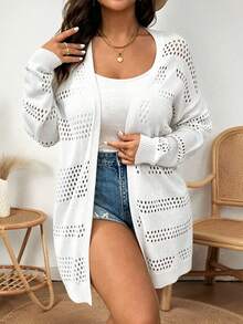 Elenzga Plus Size Solid Color Casual Long Sleeve Hollow-Out Knit Cardigan Fall - White - View 4