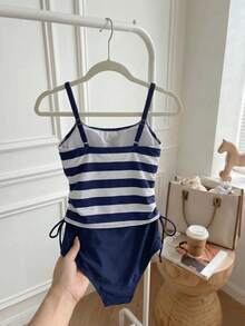 Resyla 2pcs/Set Women's Navy Striped Print Tankini Top And Triangle Bottoms Swimsuit, Beach Vacation Summer - Blue and White - View 2