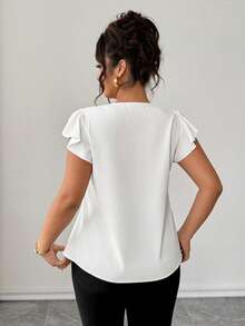 SHEIN Clasi Plus Size Women's Elegant Brown Round Neck Ruffle Top, Casual Summer Top, Versatile Work Gym Daily Wear - White - View 3