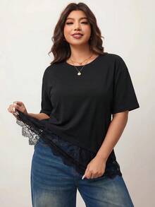 Enliva Áo thun nữ size lớn dáng rộng, áo thun ngắn tay thường ngày viền ren, dành cho dáng người quả táo và tròn trịa - màu đen - Xem 4