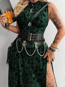 Whyspr Dark Asymmetrical Pattern Dress With High Slit And Sheer Details - Dark Green - View 6