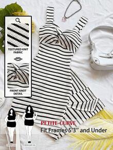 SHEIN PETITE CURVE 大码女士休闲条纹中长连衣裙，夏季套装，女士无袖条纹中长连衣裙，条纹连衣裙，夏季连衣裙，前扭结 - 黑與白 - 查看 1