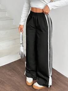 SHEIN Tall CURVE Plus Size Women's Casual Sports Black And White Striped Side Loose Wide Leg Pants,Elastic Waist Gym Long Trousers For Sommar,Daily Commute,Y2K Fashion - Black - View 5