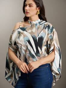 Flouryn Plus Size Women's Random Print Simple Daily Shirt One Shoulder Top Fall - Multicolor - View 4