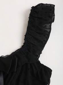 Sweetra Vestido Feminino Preto com Poá, Verão, Gótico, Festa de Aniversário, Feriado, Doce, com Alças com Babados, Saia de Tule Assimétrica em Camadas, Gola Quadrada e Cintura Marcada - Preto - Visão 6