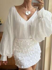 Livesso Blusa de gasa blanca para verano y otoño, vestido de noche elegante de manga larga para boda, brunch, banquete y baile, camisa de oficina para mujer, ropa de vacaciones - Blanco - Ver 9