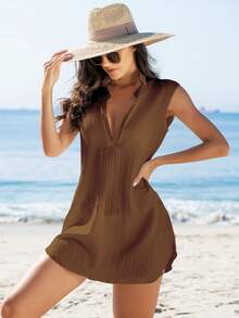 Swim Vcay Women's Solid Color Notched Neck Cap Sleeve Casual Cover Up, Summer - Chocolate Brown - View 1