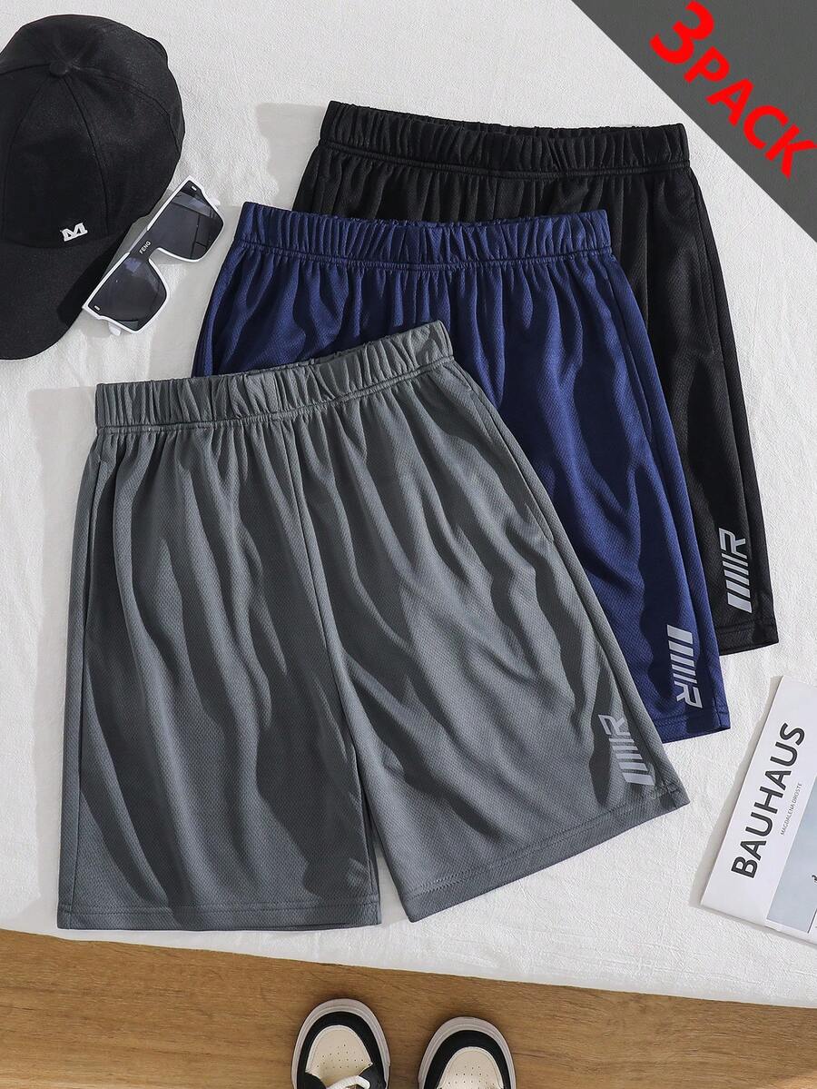 SHEIN 青少年男童三件套休闲撞色反光条短裤套装,黑/灰/蓝,适合运动、居家、学校、校园、大学等场合。 - 彩色 - 查看 1