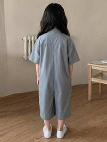 Dazy Kids 女童純色休閒短袖連身褲 夏季款 - 藍色 - 查看 2