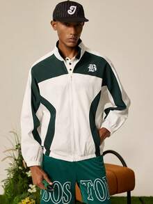 Tonviero Men's Casual Sports Style Letter Print Contrast Color Stand Collar Zip-Up Long Sleeve Jacket, Autumn Jersey Jacket Crop Jacket Men 90s Sporty Men Cropped Zip Up Men Track Jacket Football - Multicolor - View 3