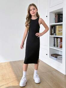 SHEIN Serisse Kids Tween 女童纯色针织窄肩修身长款休闲连衣裙 + 宽松网纱罩衫 2 件套，黑色，通勤，学院风，淑女，甜美酷炫少女，潮流街头服饰 - 黑色 - 查看 3