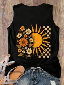 EMERY ROSE Plus Size Minimalist Traditional Print Round Neck Sleeveless Tank Top Vacation Black Summer - Black - View 3