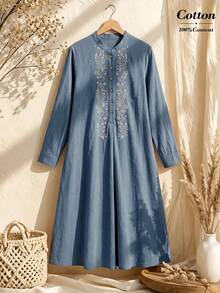 Rusticease Elegant Autumn Outfit For Women Dress Cotton Floral Pattern Long Sleeve Casual Modest Boho Embroidered White And Blue Floral Fall Decor - Blue - View 3
