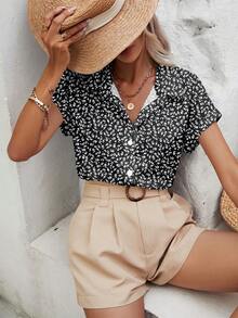 SHEIN Frenchy Women's Summer Casual Ditsy Floral Button Front Batwing Sleeve Blouse - Multicolor - View 7