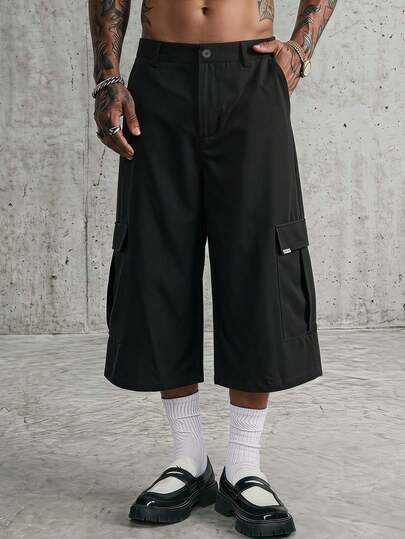 AXEPEAK Pantalones cortos anchos de hombre casuales de unicolor con bolsillo con solapa