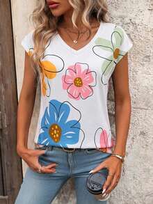EMERY ROSE Women Gradient V-Neck Short Sleeve Casual T-Shirt, Summer Graphic Tees Women Tops - Multicolor - View 5